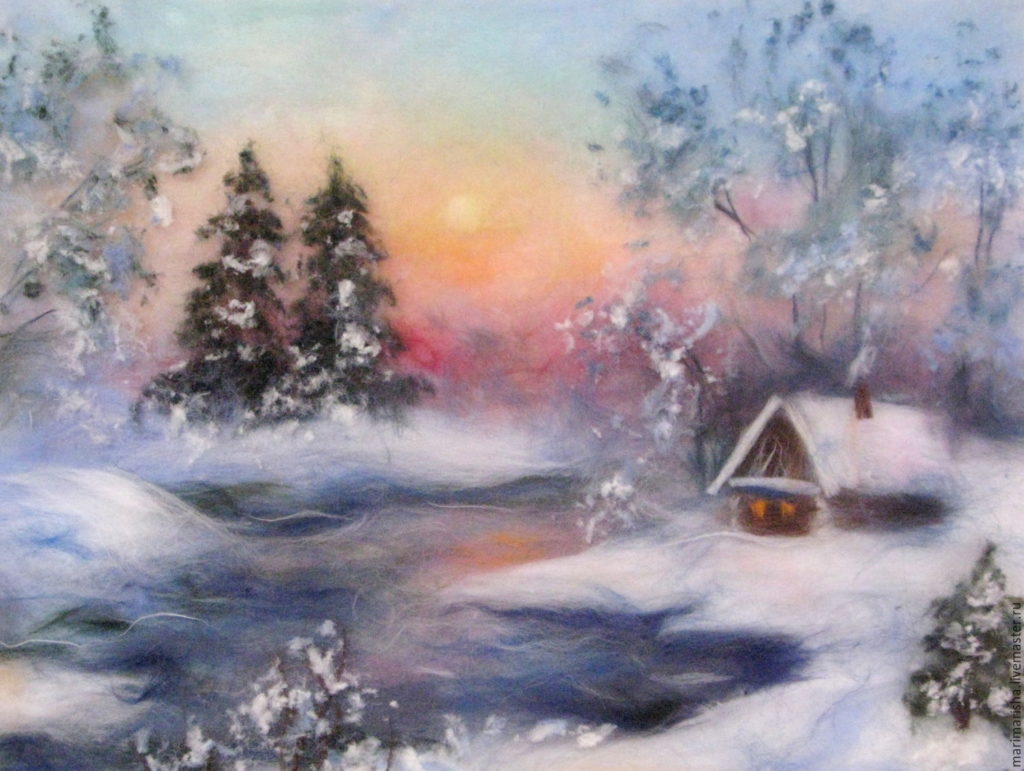 Картины шерстью. Шерстяная живопись. Зима